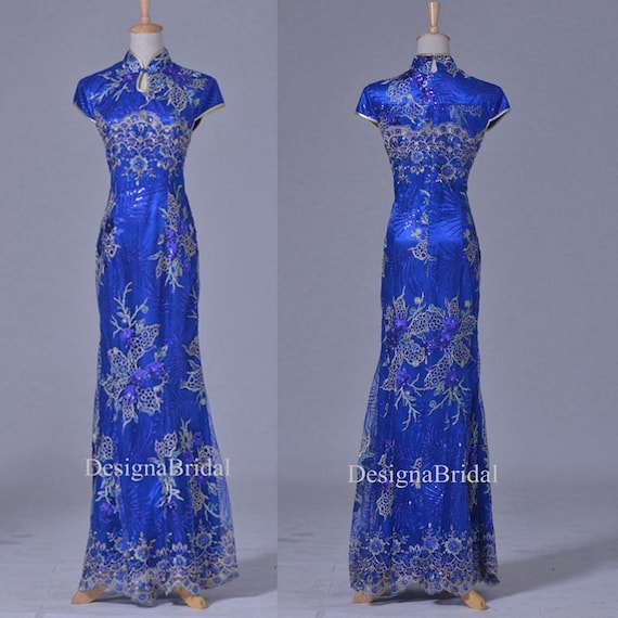 blue qipao dress longlace