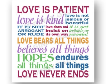 Love is Patient Love is Kind Art - 8x8 Printable Downloadable File - Multi-Color Text Subway Style Square - 1 Corinthians 13 - Wedding Gift