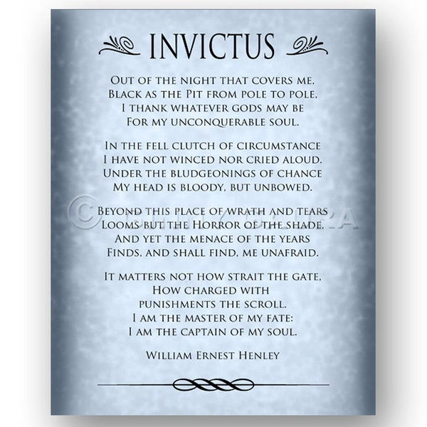 Invictus Poem by William Ernest Henley - 8x10 Instant Printable Download File - Inspirational Poetry Gift - Blue Grey Design by Ginny Gaura