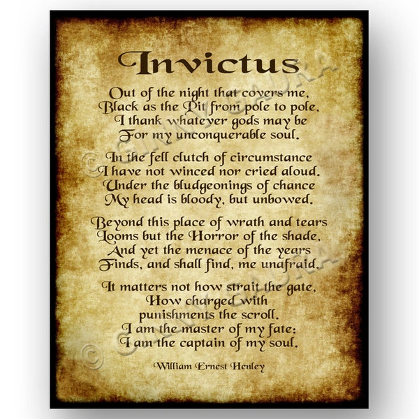 Invictus Poem Poetry por William Ernest Henley - 8x10 Instant Printable Download File - Antique Perchment Style Art - Diseño de Ginny Gaura