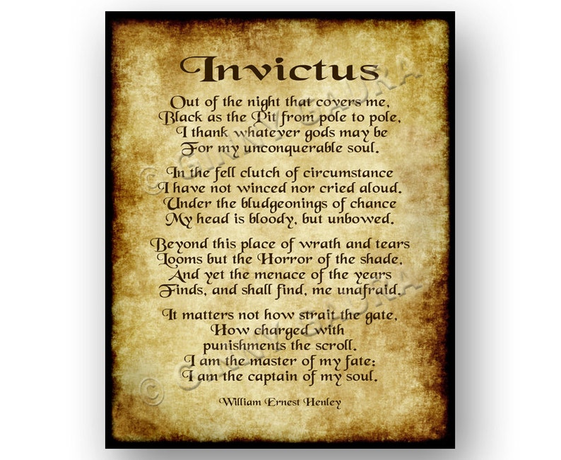 Invictus Poem Poetry by William Ernest Henley 8x10 Instant image 1