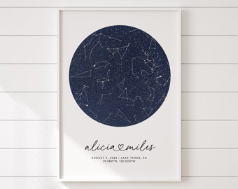 Impression du ciel nocturne pour cadeau aux jeunes mariés, carte des étoiles téléchargement numérique imprimable, art mural de la constellation nocturne étoilée