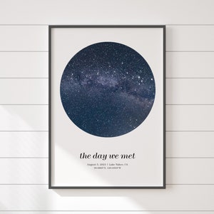 May include: Framed print showing a dark blue circular image of a starry night sky. The text "the day we met" is below the image, along with the date August 5, 2021, and location details. The print is in a black frame.