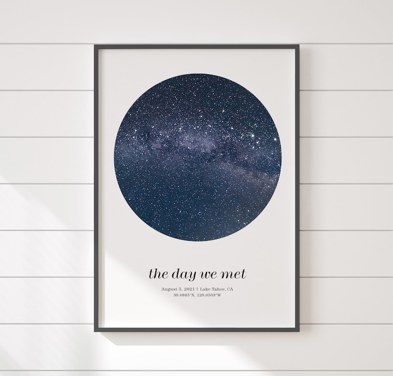 May include: Framed print showing a dark blue circular image of a starry night sky. The text "the day we met" is below the image, along with the date August 5, 2021, and location details. The print is in a black frame.