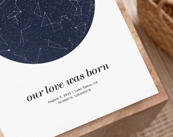 Star map anniversary gift for her, night sky print, cotton anniversary gift for wife, downloadable pdf