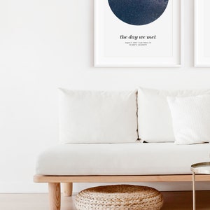 May include: Two framed prints with a starry night design and the text "the day we met" above a date and location. Below, a white sofa with white cushions and a woven footstool.
