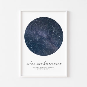 Impresión nocturna estrellada, arte mural de mapas de estrellas digitales, regalos de aniversario de un año