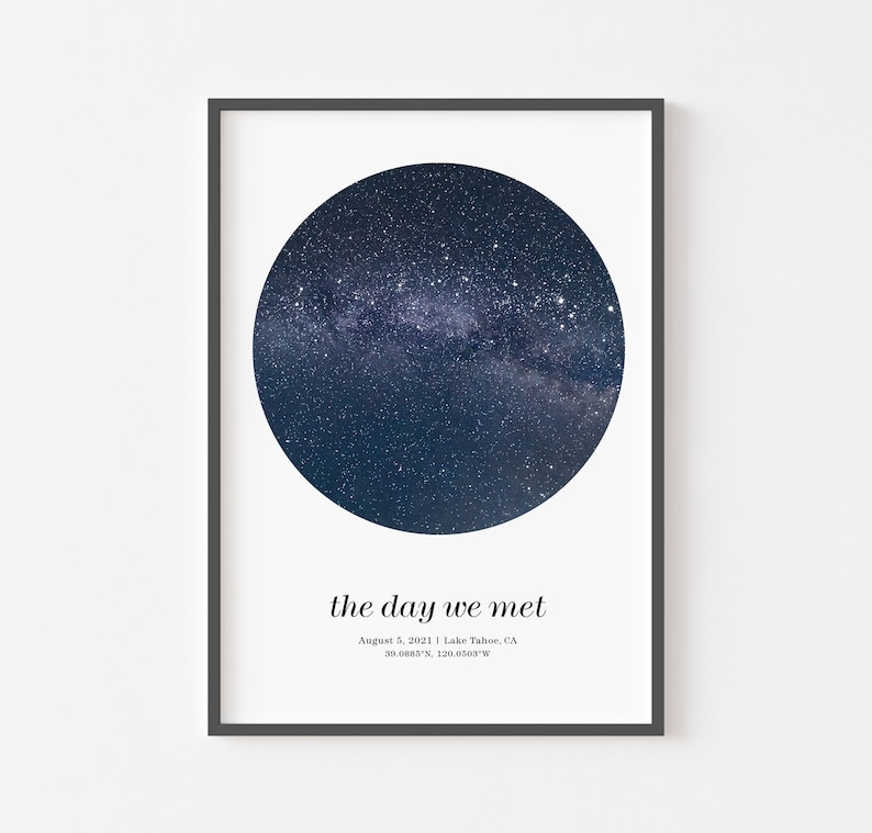 May include: Framed print with a dark blue circular image of a starry night sky. The text "the day we met" is below the circle, with the date August 5, 2021, and location details. The frame is dark grey.