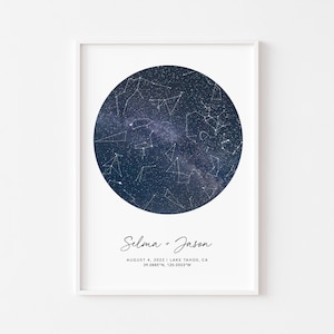 Arte de pared imprimible con mapa estelar por fecha, arte de cielo nocturno con impresión de constelaciones, póster de noche estrellada, regalo de aniversario