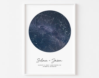 Arte de pared imprimible con mapa estelar por fecha, arte de cielo nocturno con impresión de constelaciones, póster de noche estrellada, regalo de aniversario