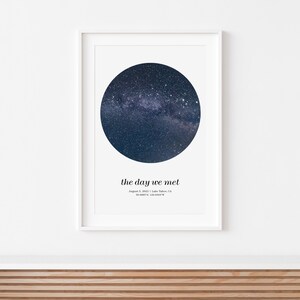 May include: White framed print with a dark blue circular image of a starry night sky. The text "the day we met" is below the circle, with date and location details beneath it. The print is in a white frame.