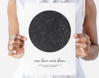 Night sky by date and location, constellation print, star map poster, wife gift