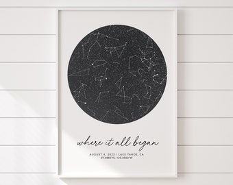 Night sky by date for gift, constellation print, star map poster, husband and wife