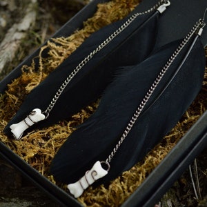 Raven Inspired Black Feather and Bone Earrings