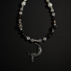 Lunar Moon phases beaded necklace moonstone obsidian iolite