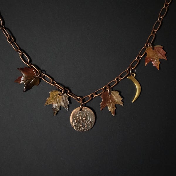 Rustic Autumn Moon Copper Charm Necklace