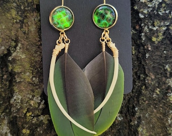 Green and Gold Feathered Serpent Earrings