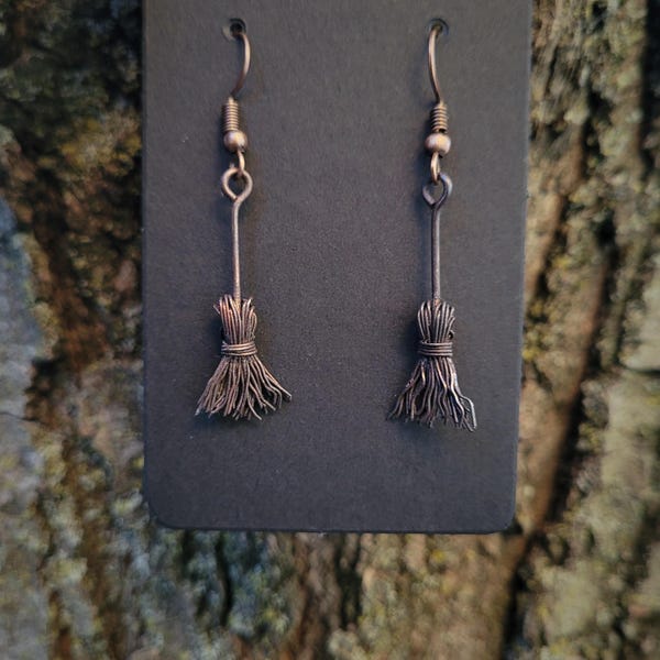 Small Wire Wrapped Witch Broom Earrings