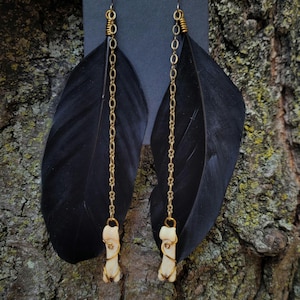 Raven Inspired Black Feather and Bone Earrings