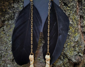 Raven Inspired Black Feather and Bone Earrings