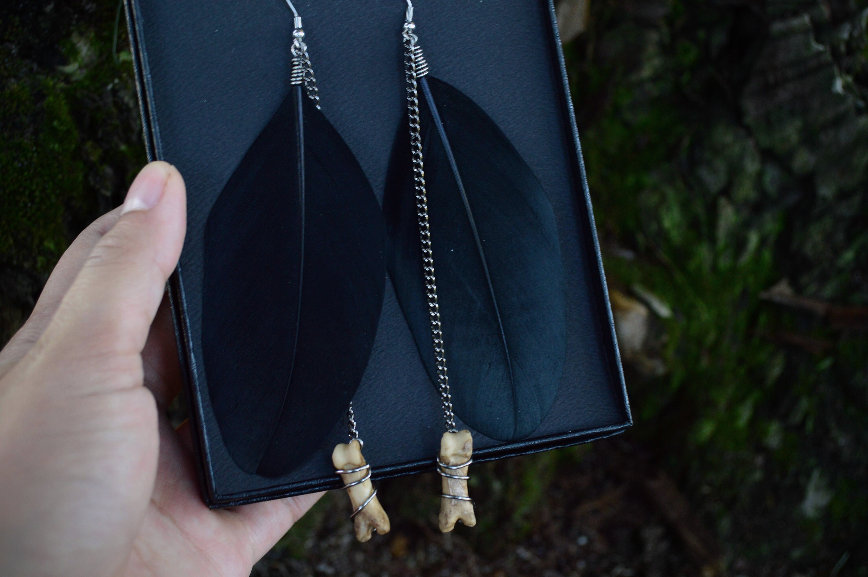 Raven Inspired Black Feather and Bone Earrings