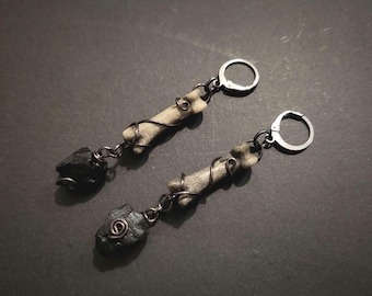 Black Tourmaline and Wire Wrapped Bone Earrings
