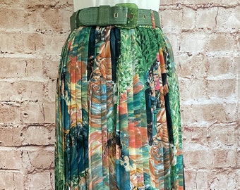 Vintage Skirt Pleated Chiffon Matching Belt Old Masters Painting Design Multi Coloured Classic Bohemian c1980s 10 UK