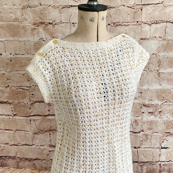 Pull vintage tricoté à la main avec mancherons et col rond, rose blanc et or, moyen, c1980