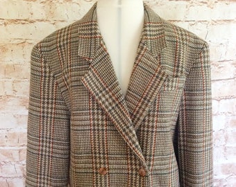 Jacket Blazer Vintage 1980s Cropped Checked Wool Equestrian Double Breasted Boyfriend Style Heritage Size 16 UK