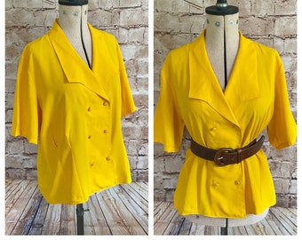 Vintage Blouse Yellow Double Breasted Short Sleeves St Michael c1980s 12-14 UK