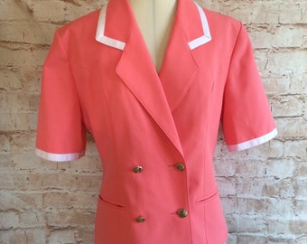 Veste vintage blazer manches courtes en polyester rose vif secrétaire chic par style classique des années 80, taille 10 UK