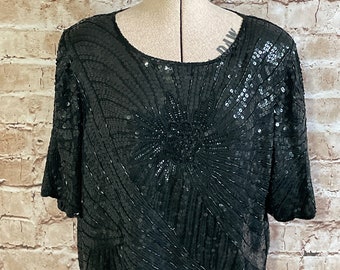 Vintage Silk Top Blouse Black Sequinned Beaded Embellished Short Sleeve Party Occasion By Bellino c1990s Medium