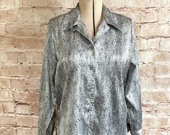 Vintage Bluse Schlangenleder Print Satin Silber Grau By Viyella Petite c1990s 6