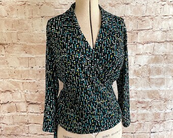 Vintage Wrap Over Top von Hobbs Stretch Schwarz Bunt Punkt c1990s 12UK