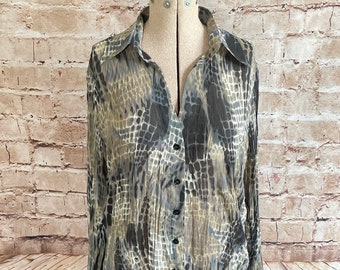 Vintage Bluse Animal Print Chiffon Crinkle Finish Semi Sheer Beige Grau Schwarz Smart Sexy By Olsen cY2K Größe 12 U.K.