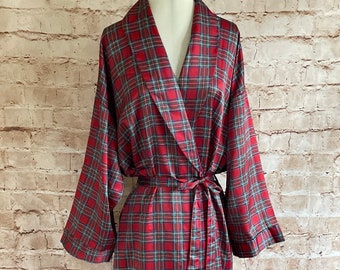 Vintage Long Robe Dressing Gown Red Tartan Check Silky Polyester By Wilo’een c1970s Large