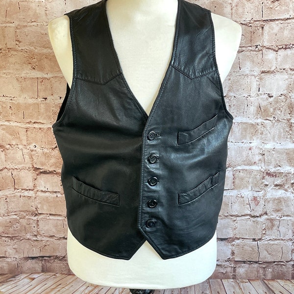 Vintage Black Leather Vest Waistcoat Adjustable Back Tab Goth Steampunk Small c1980s