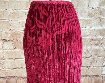 Vintage Skirt Elasticated Waist  Burgundy Crinkle Devore Velvet By Marks And Spencer Y2K 10-12 UK