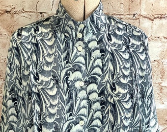 Vintage Blouse Funnel Collar Blue Abstract New Romantics By West & Webb c1980s 8UK