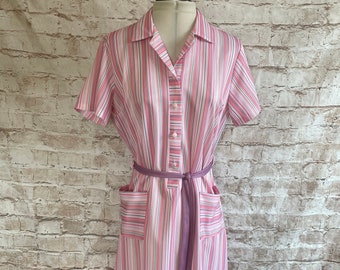 Vintage Dress Pink Striped Shift Tie Belt Housewife Mod Scooter c1970s 12 U.K.