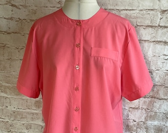 Vintage Blouse Top Short Sleeves Pink Silky Classic Minimalist Smart Casual By St. Bernard c1980s 12 U.K.