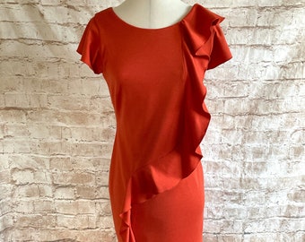 Vintage Dress Frilled Front Body-Con By Betty Jackson Black Burnt Orange Jersey Smart Occasion Party cY2K Size 8 U.K.