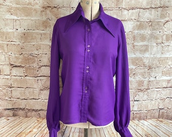 Vintage Blouse Dagger Collar Pointed Purple Smart Rock Chic Hippy Bohemian By Gordon Grant c1970s 10 U.K.