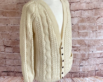 Vintage Cardigan Hand Knitted Aran Cream Wool c1960s Small