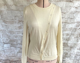 Vintage French Connection Cardigan Jumper Sweater Asymmetric Button Front Cream Fine Wool Blend c1980s Small