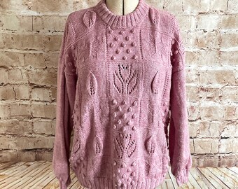 Vintage Hand Knitted Sweater Jumper Dusky Pink Wool Yarn Preppy Hippy c1980s Medium