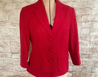 Vintage Jacket Red Linen Blend Broidery Anglaise Cropped Sleeves By Edinburgh Woolen Mill cY2K  8-10 U.K.