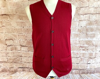 Vintage Waistcoat Vest Burgundy Red Knitted Wool Blend Smart Classic By William Hunt Saville Row Medium c1980s