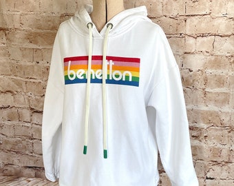 Vintage Benetton Hoodie Sweatshirt Top White Rainbow cY2K Medium