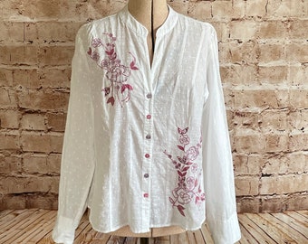 Vintage Blouse White Cotton Floral Embroidery Grandad Neckline Tie Back Bohemian Hippy Cottage Core By Per Una cY2K 8 U.K.